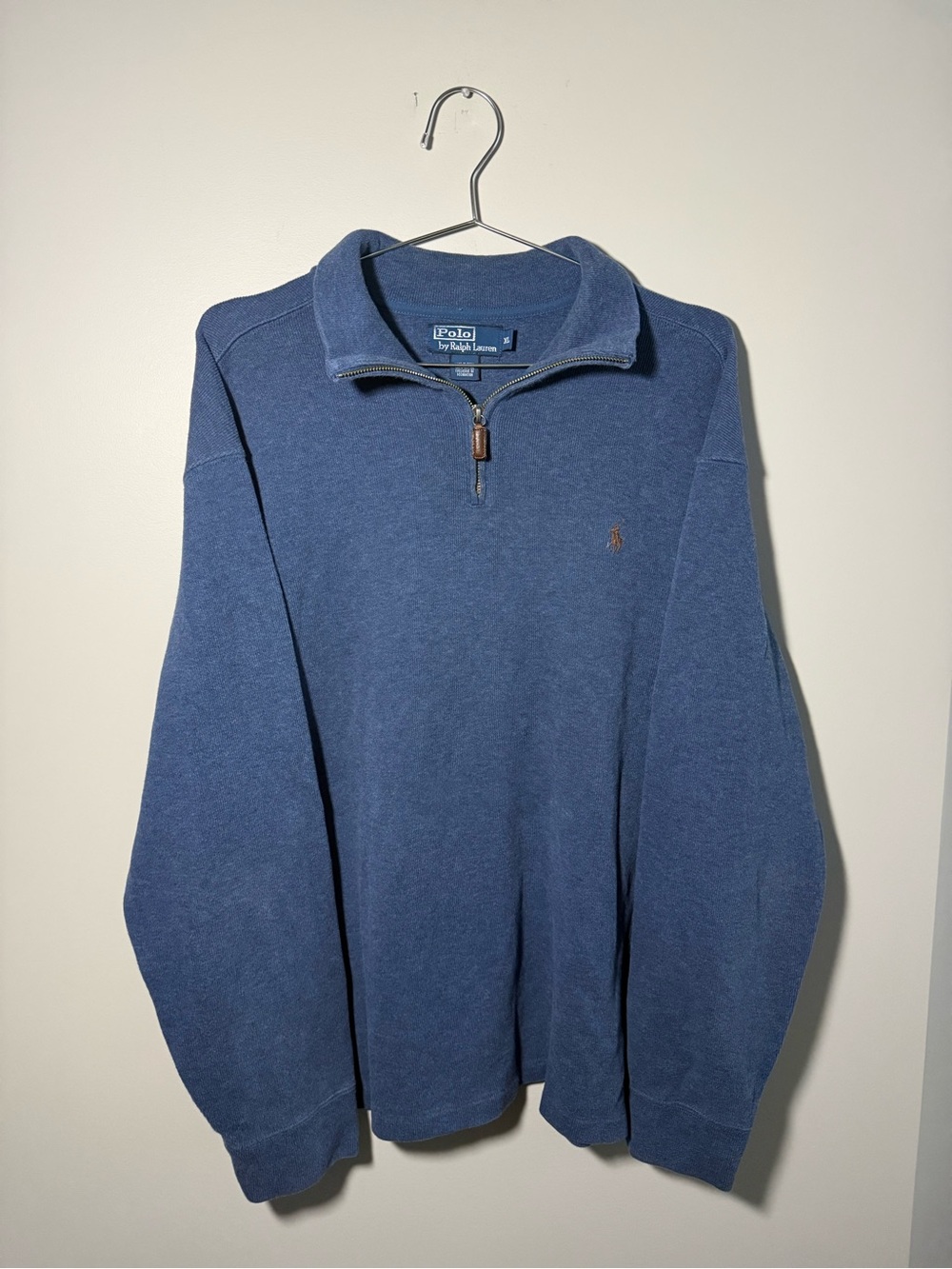 VTG Polo Ralph Lauren Sweater Mens XL Blue Quarter Zip Cotton Brown Pony